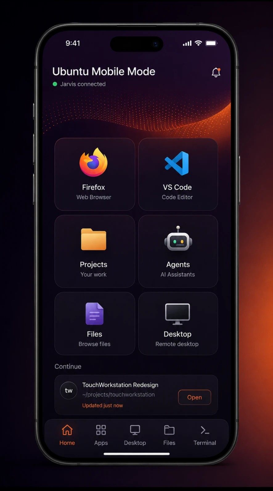 TouchWorkstation phone home screen with Firefox, VS Code, Projects, Agents, Files, and Desktop tiles