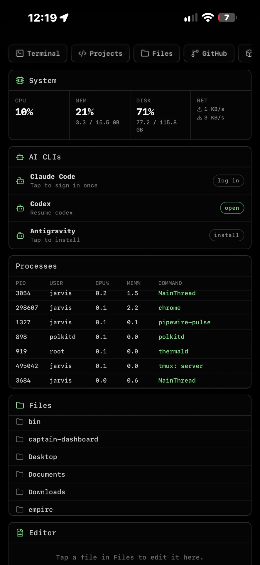 Omarchy-themed TouchWorkstation home with compact launchers, system metrics, agents, processes, files, and editor