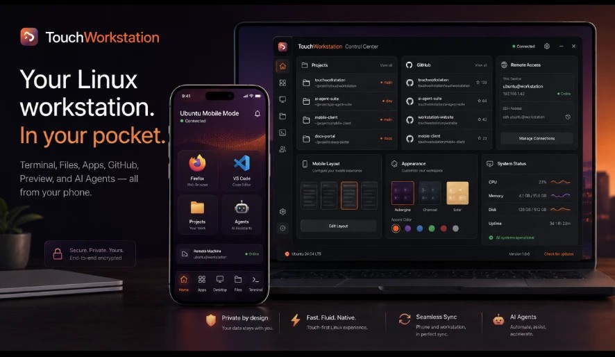 TouchWorkstation running side by side: the phone app in Ubuntu Mobile Mode and the desktop Control Center on a laptop